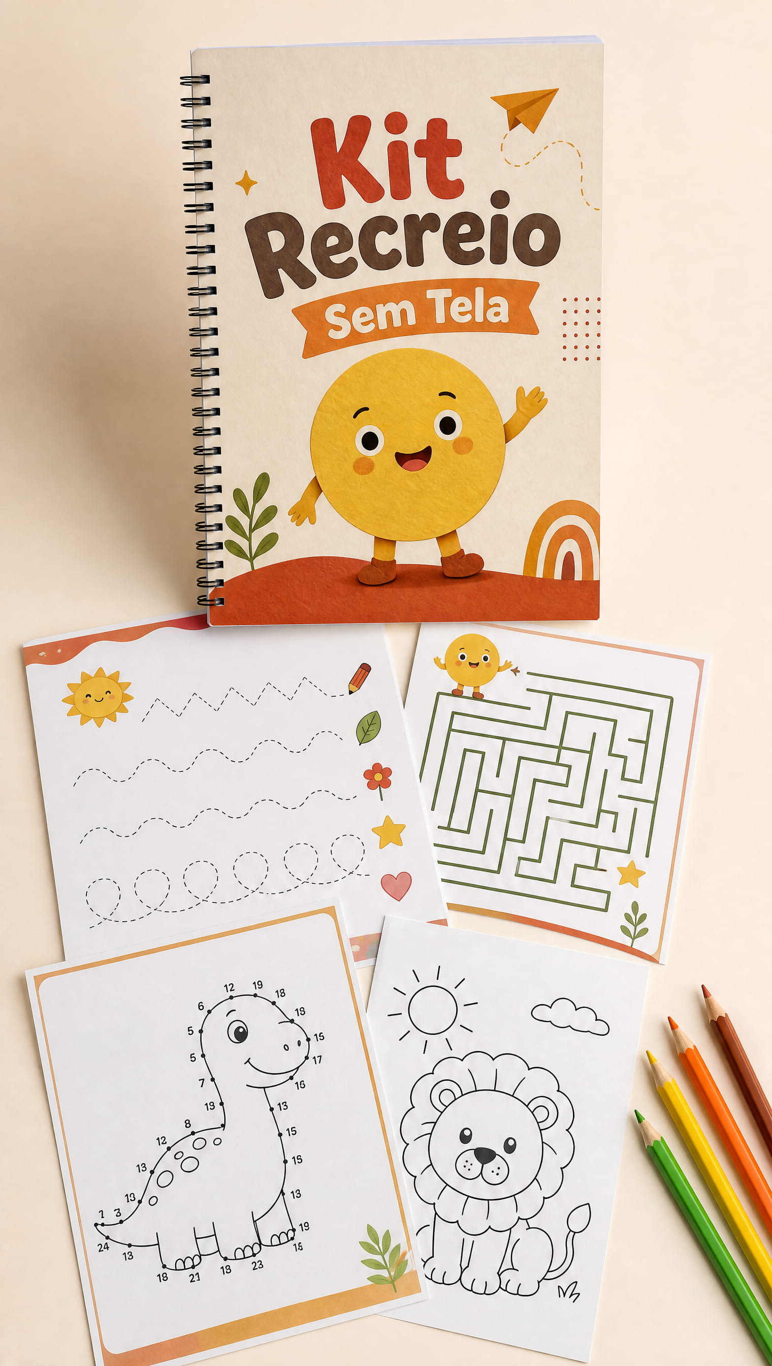 Kit Recreio Sem Tela completo: caderno-capa, páginas de atividades, mascote Pipo e lápis de cor sobre a mesa