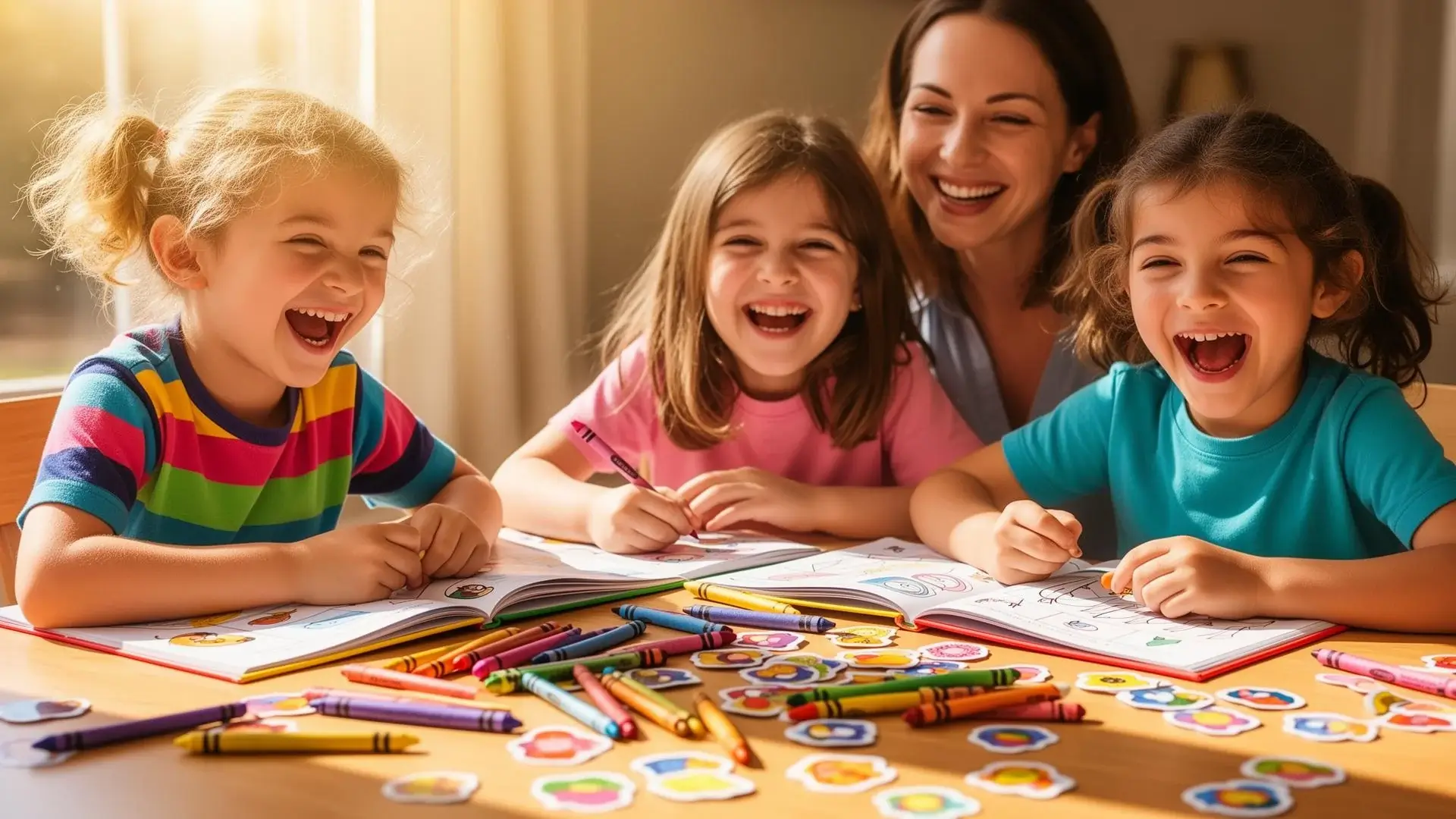 Mãe e três crianças sorrindo enquanto fazem atividades com lápis de cor sobre a mesa
